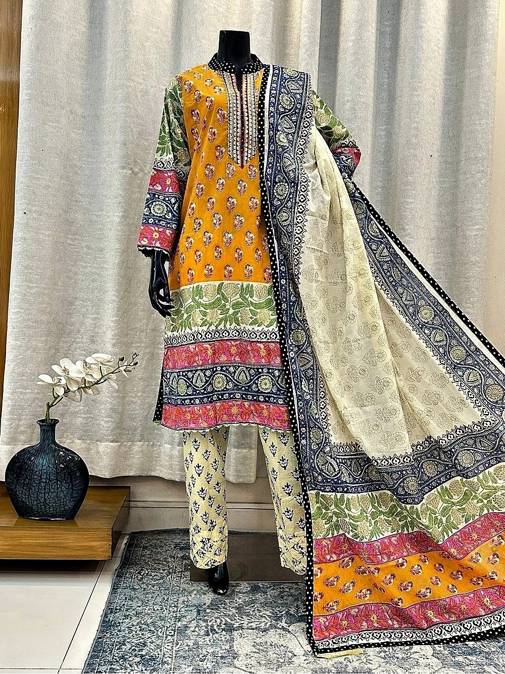 Printed Kurta Set in Orange & Blue